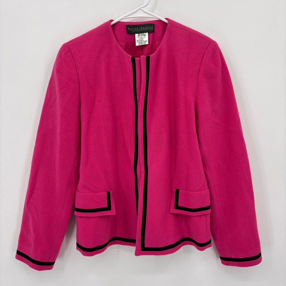 Harve Benard Blazer Womens 6 Pink Excellent Wool Cashmere Blend Black Trim Open